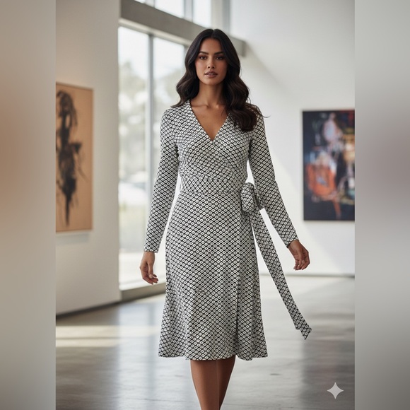 Bigio Collection Dresses & Skirts - BIGIO COLLECTION Geometric Diamond Print Wrap Dress - Black & White - Size 10